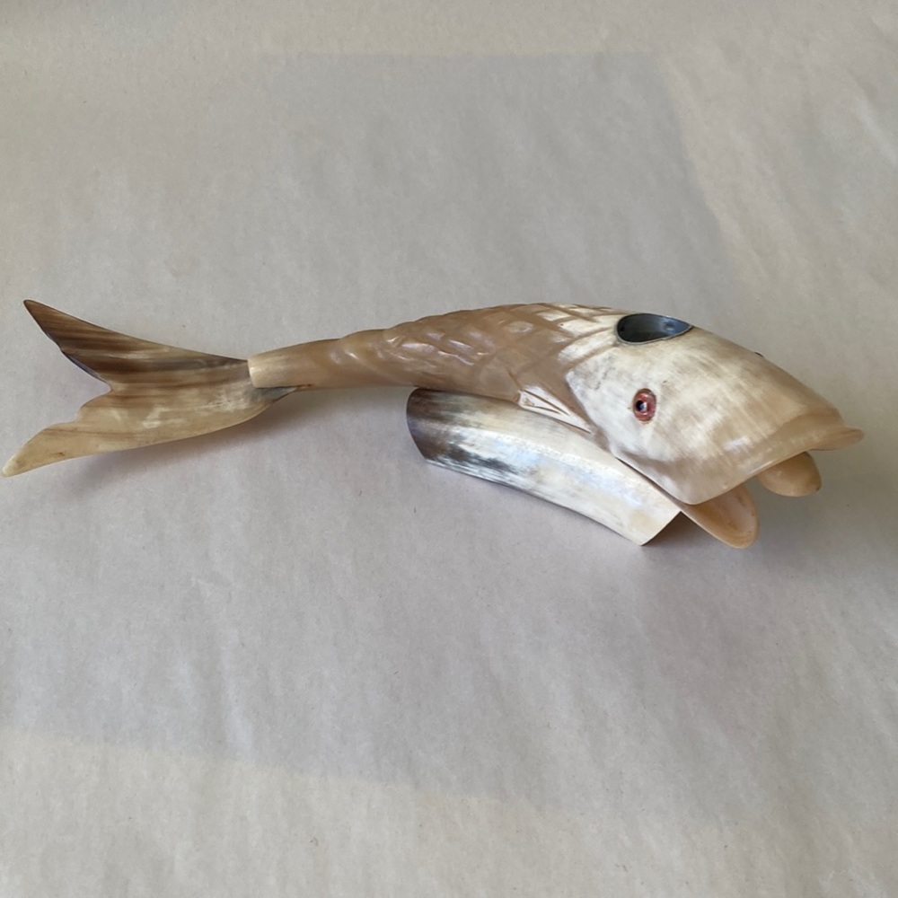 Vintage mid century hand carved horn folk art fish figurine sculpture
